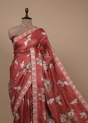 Red Tussar Embroidered Saree