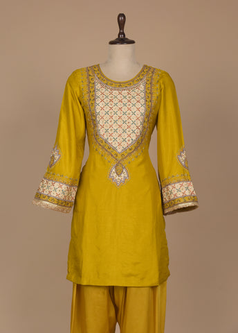 Yellow Cotton Silk Straight Set