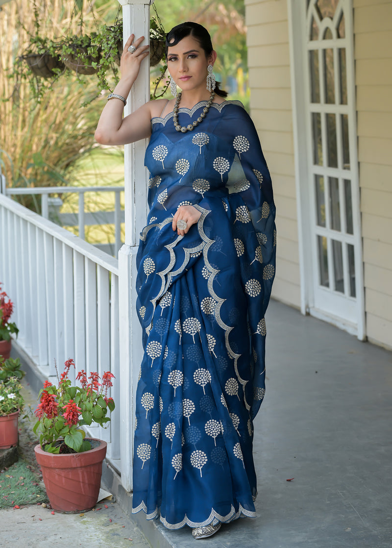 Blue Organza Embroidered Saree