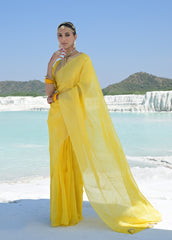 Yellow Tussar Embroidered Saree