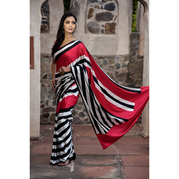 Red Satin Embroidered Saree