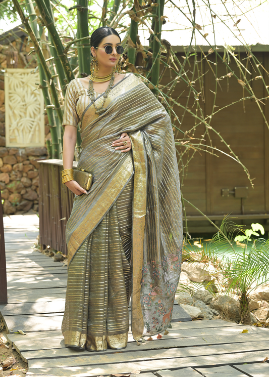 Grey Tissue Embroidered Saree