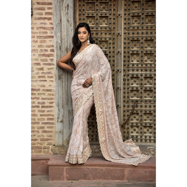 Peach Georgette Embroidered Saree
