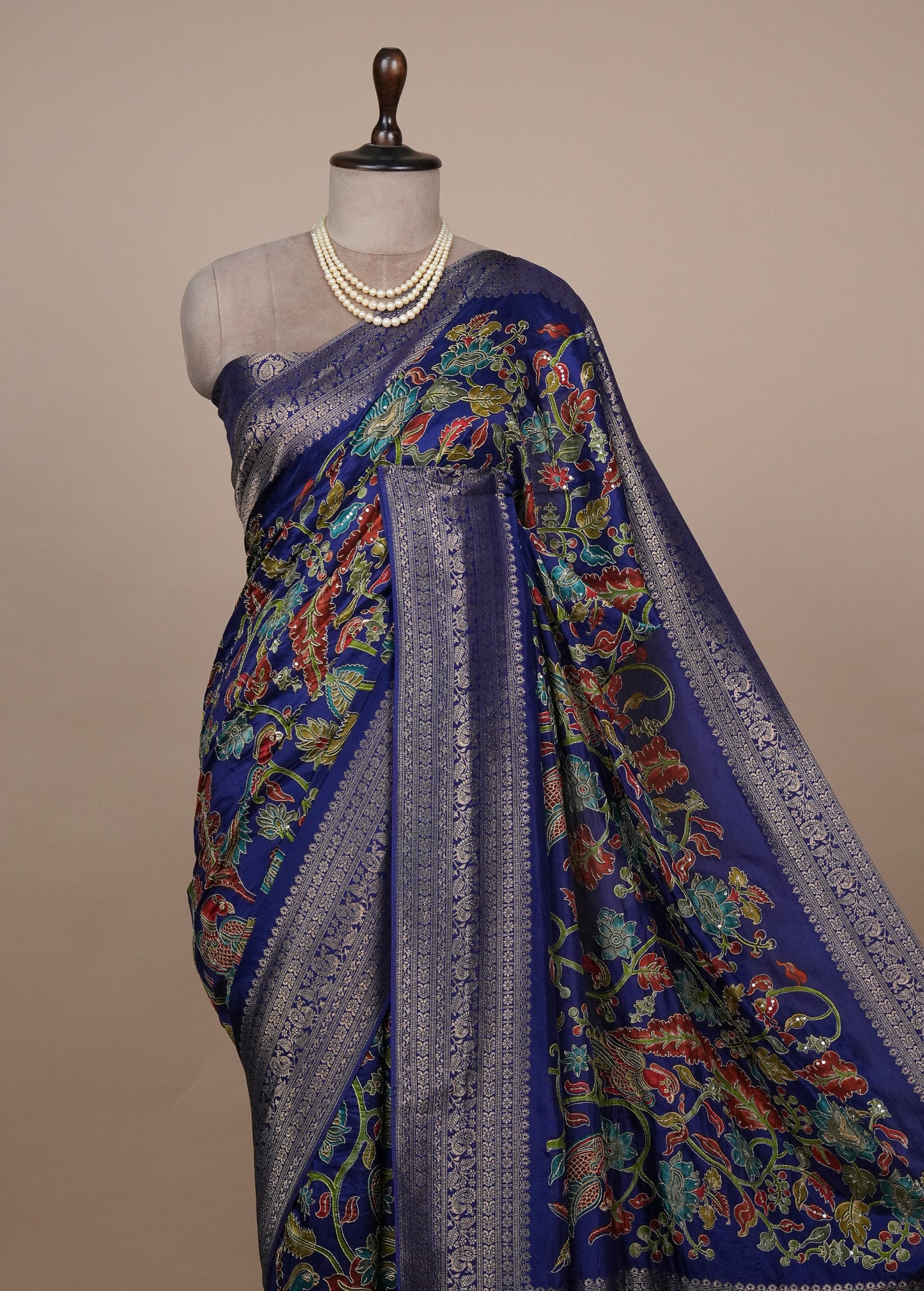 Blue Crepe Embroidered Saree