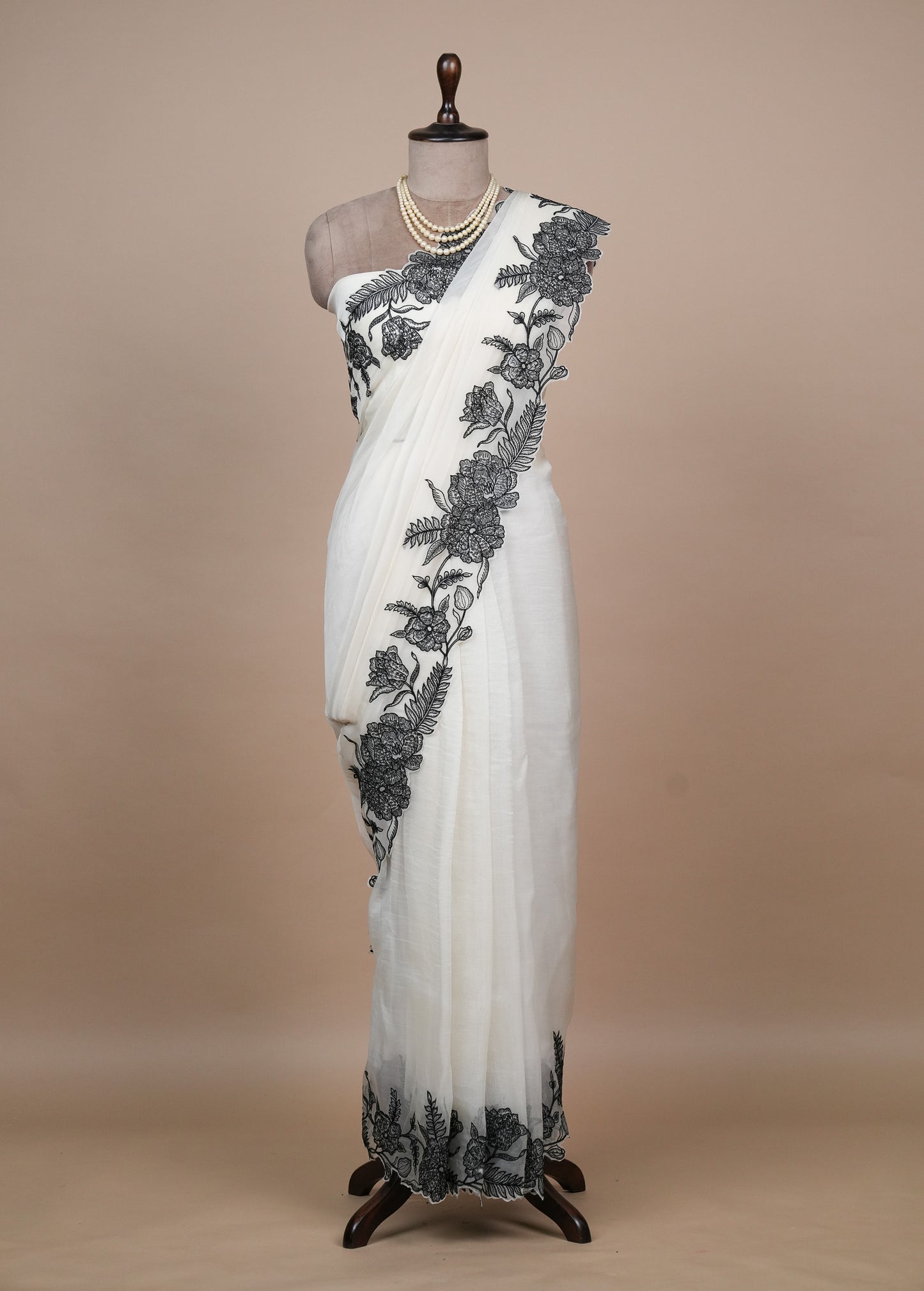 Cream Organza Embroidered Saree