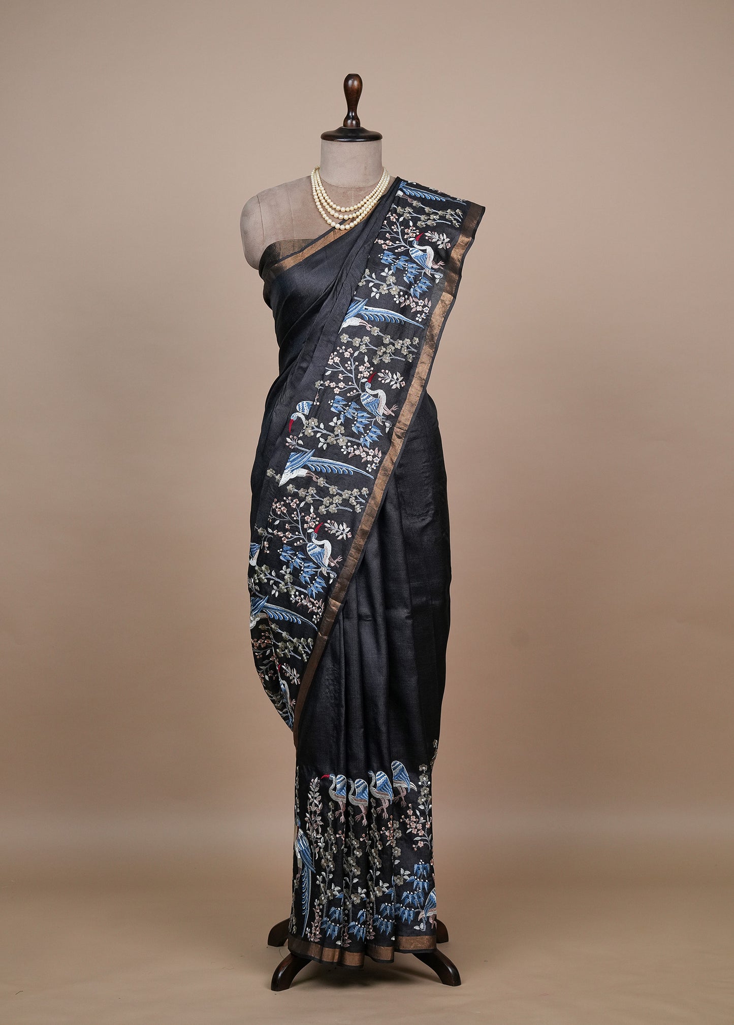 Blue Tussar Embroidered Saree