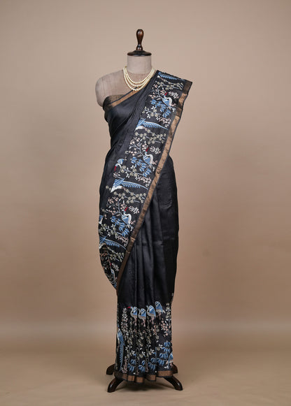 Blue Tussar Embroidered Saree