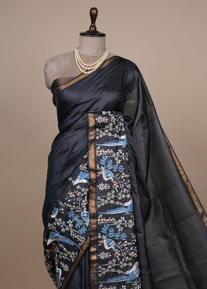 Blue Tussar Embroidered Saree