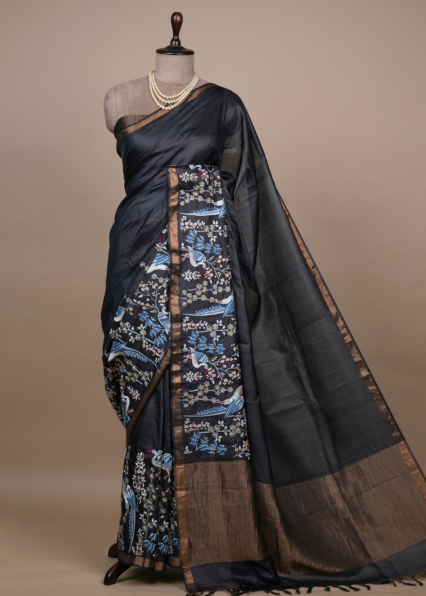 Blue Tussar Embroidered Saree