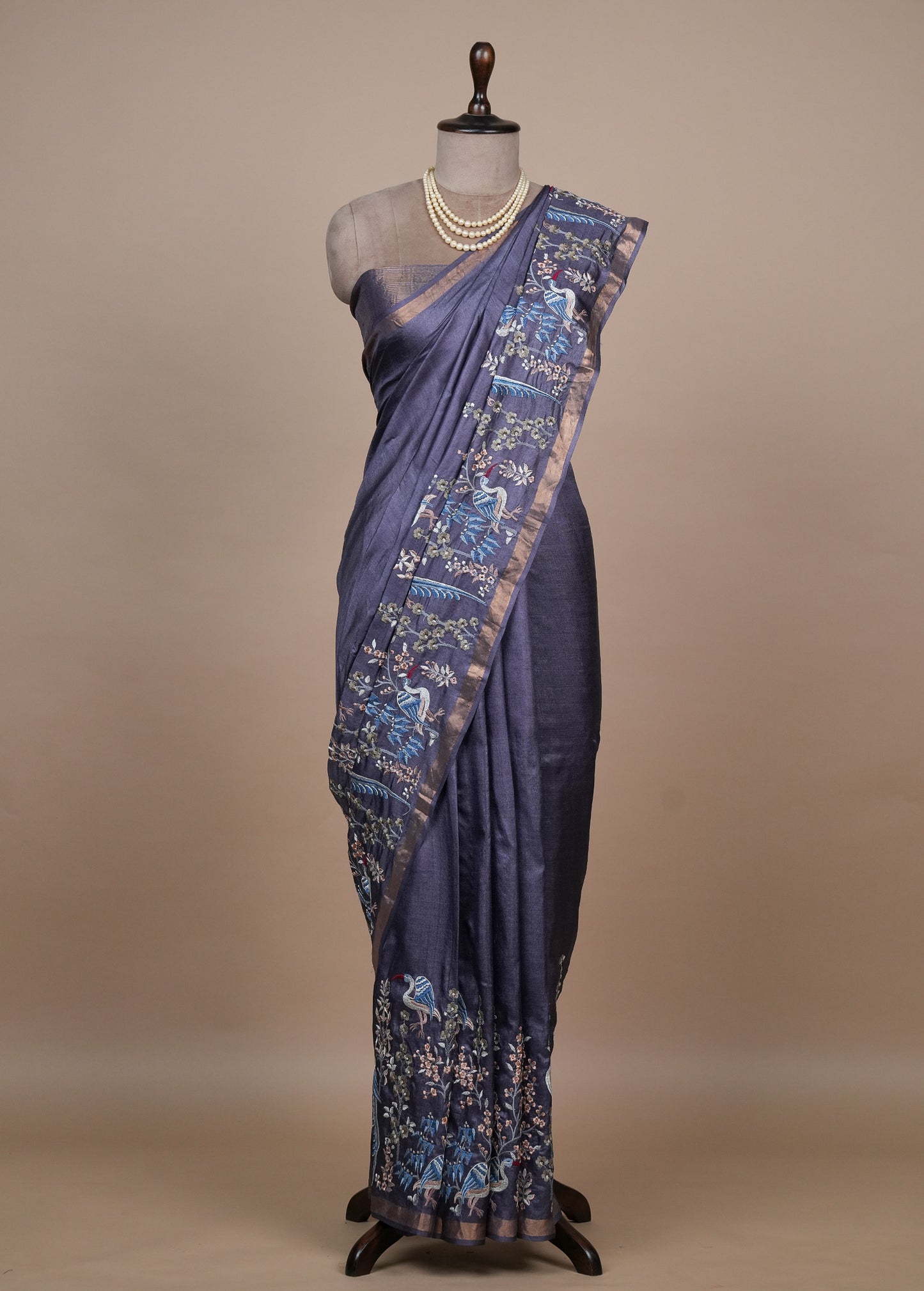 Purple Tussar Embroidered Saree