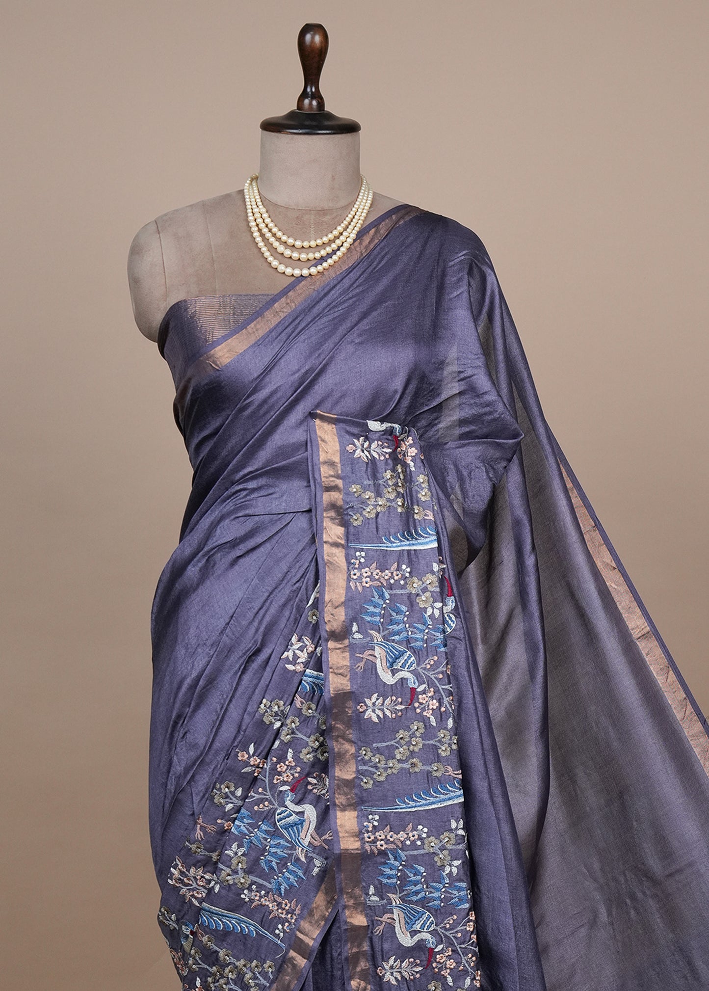 Purple Tussar Embroidered Saree