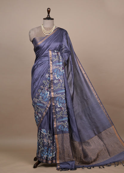 Purple Tussar Embroidered Saree