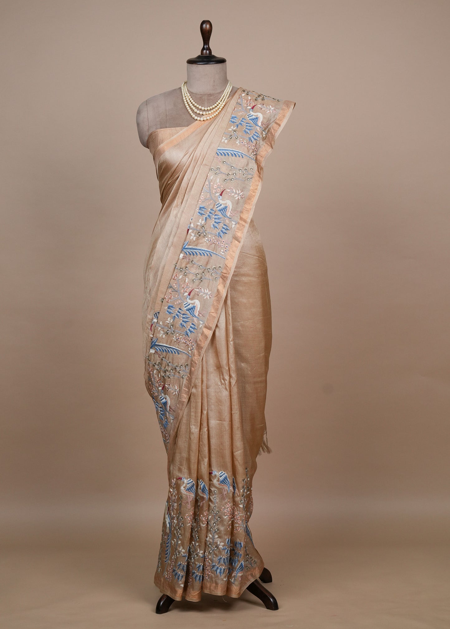 Biege Tussar Embroidered Saree