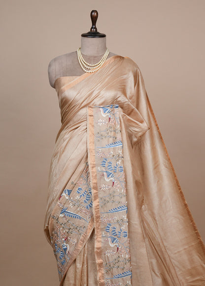 Biege Tussar Embroidered Saree