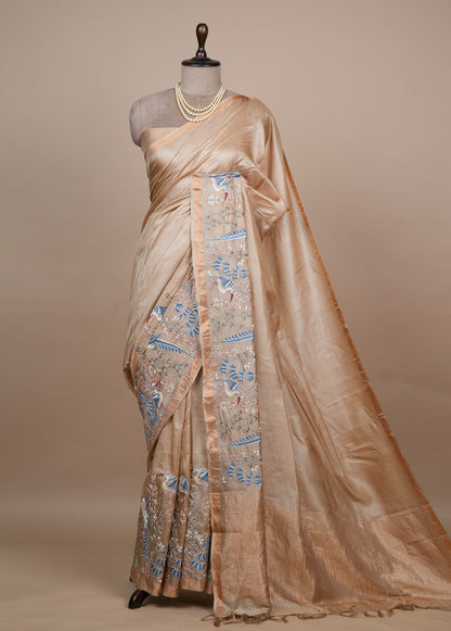 Biege Tussar Embroidered Saree