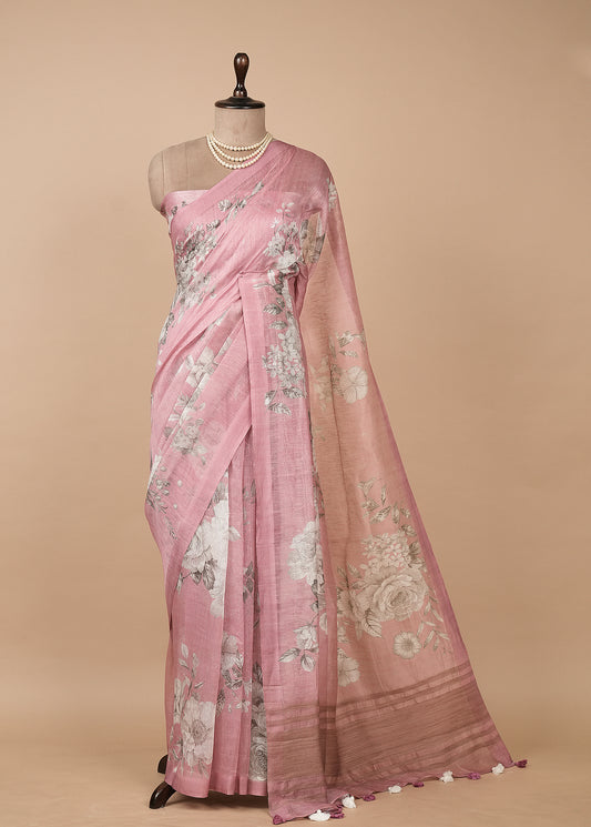 Pink Linen Printed Saree