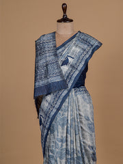 Blue Cotton Tussar Printed Saree