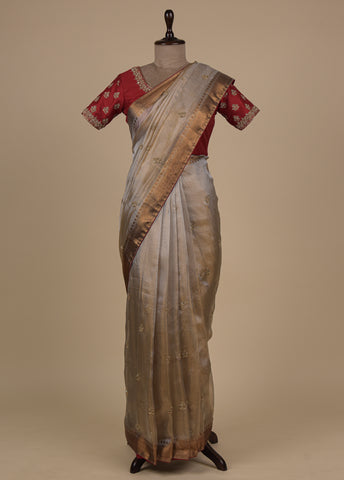 Silver Tissue Embroidered Saree