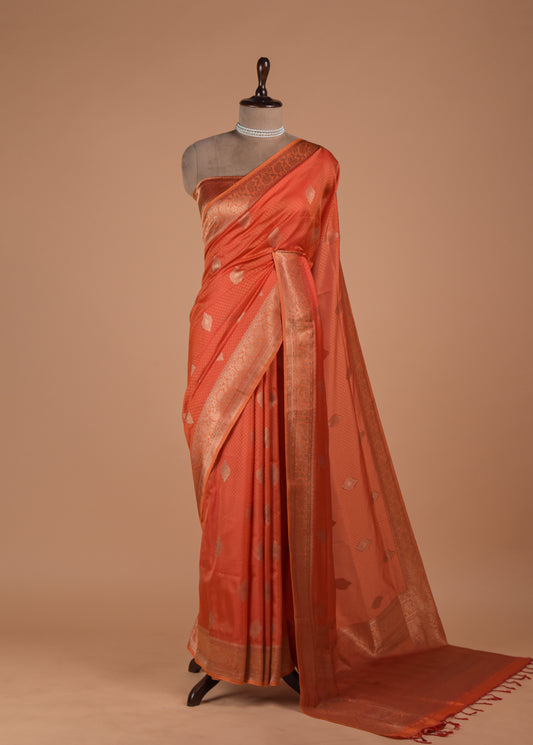 Orange Kanjeevaram Handwoven Art Silk Saree | Greenways