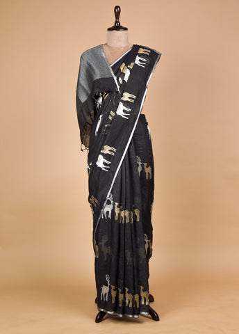 Black Linen Embroidered Saree