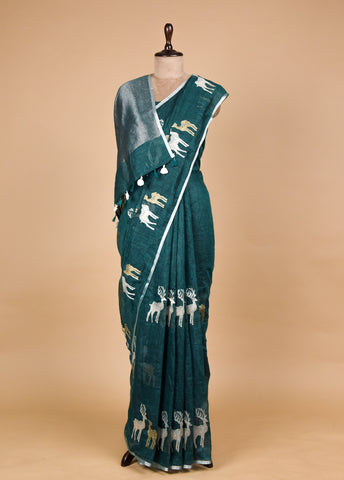 Green Linen Embroidered Saree