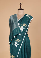 Green Linen Embroidered Saree