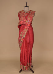 Red Tussar Embroidered Saree