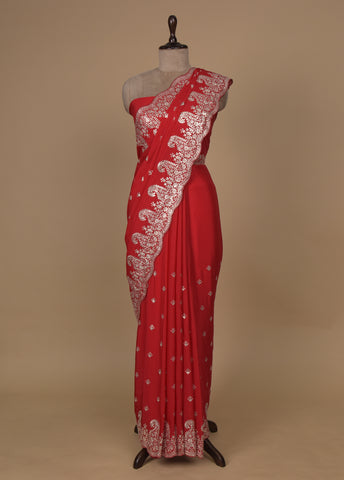Red Crepe Embroidered Saree