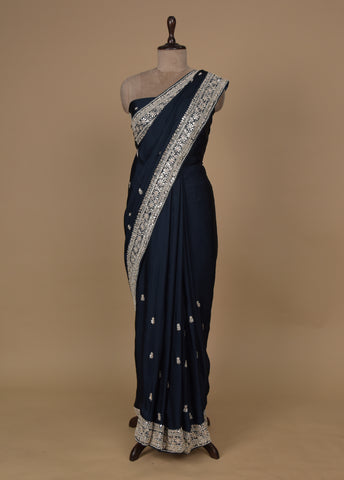 Blue Satin Embroidered Saree