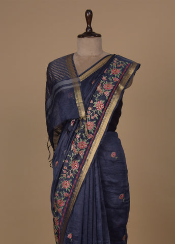 Blue Linen Embroidered Saree