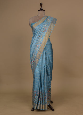 Blue Tussar Embroidered Saree