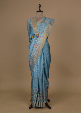 Blue Tussar Embroidered Saree