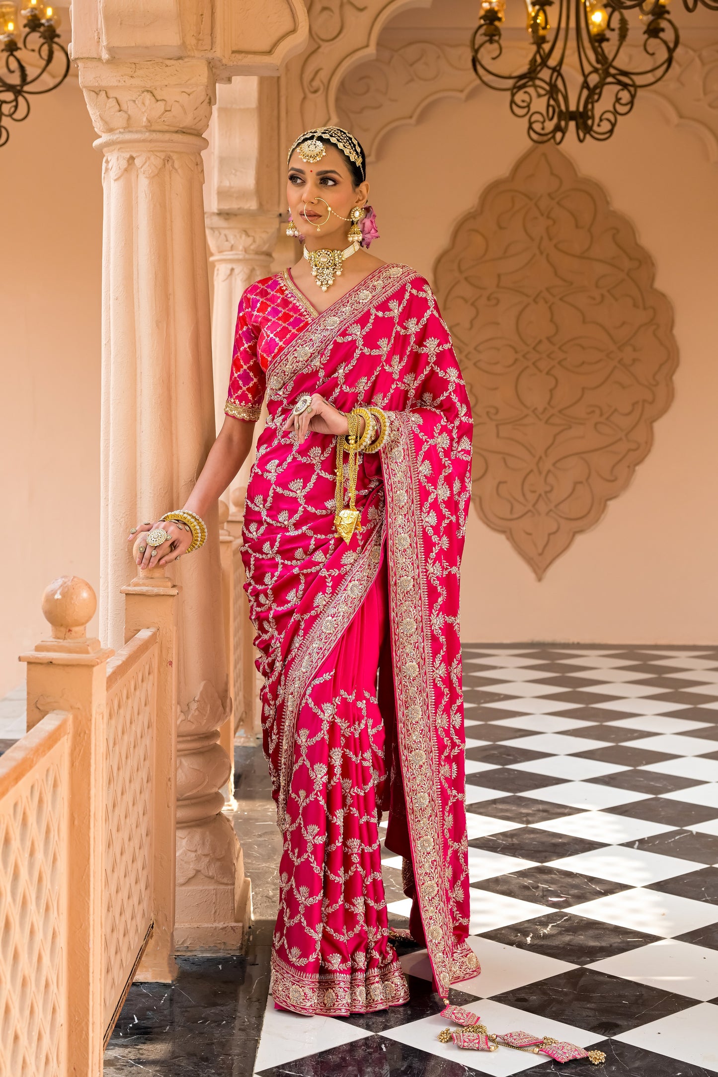 Pink Satin Embroidered Saree