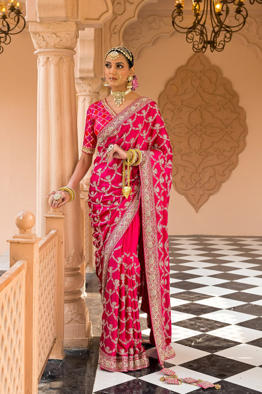 Pink Satin Embroidered Saree