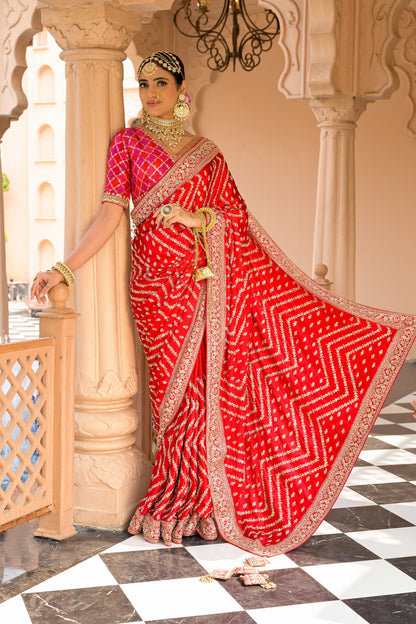 Red Satin Embroidered Saree