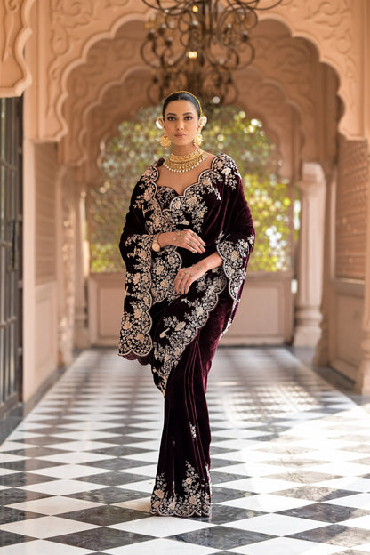 Red Velvet Embroidered Saree