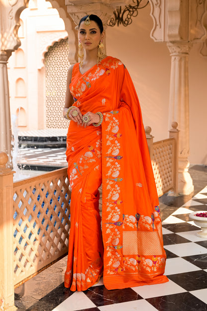 Orange Katan Silk Banarasi Saree