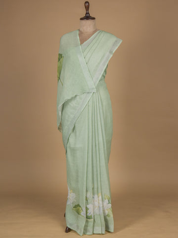 Green Linen Printed Saree