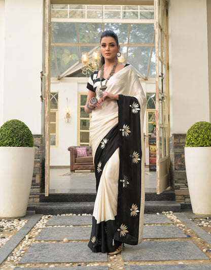 White Crepe Embroidered Saree