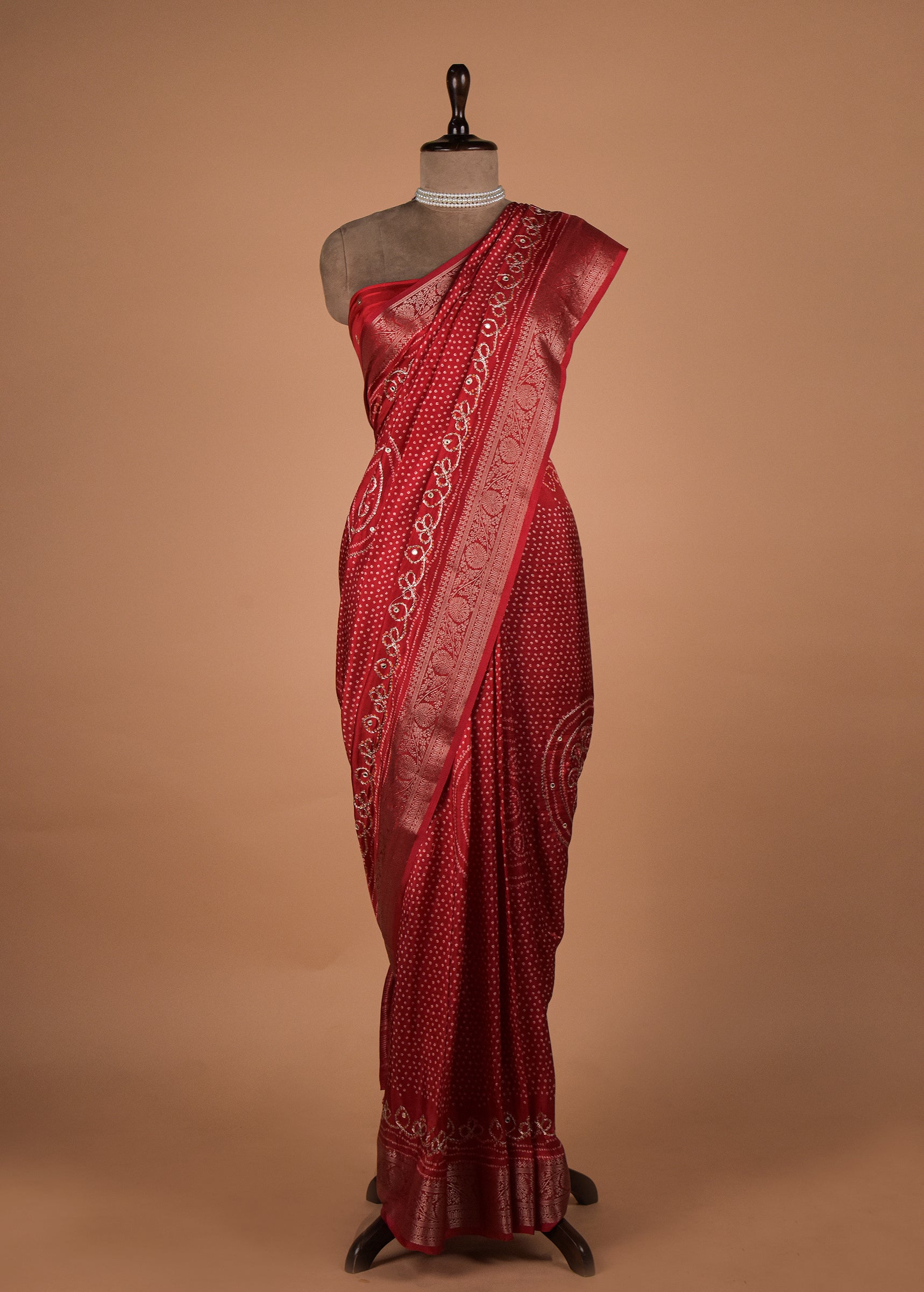 Red Cotton Crepe Bandhani Saree