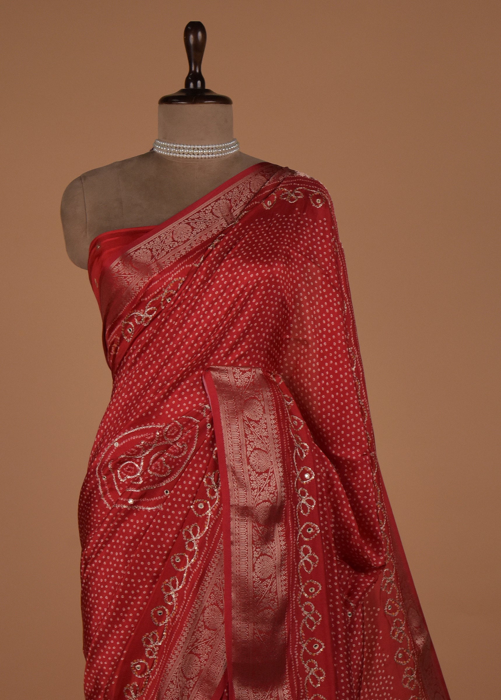 Red Cotton Crepe Bandhani Saree