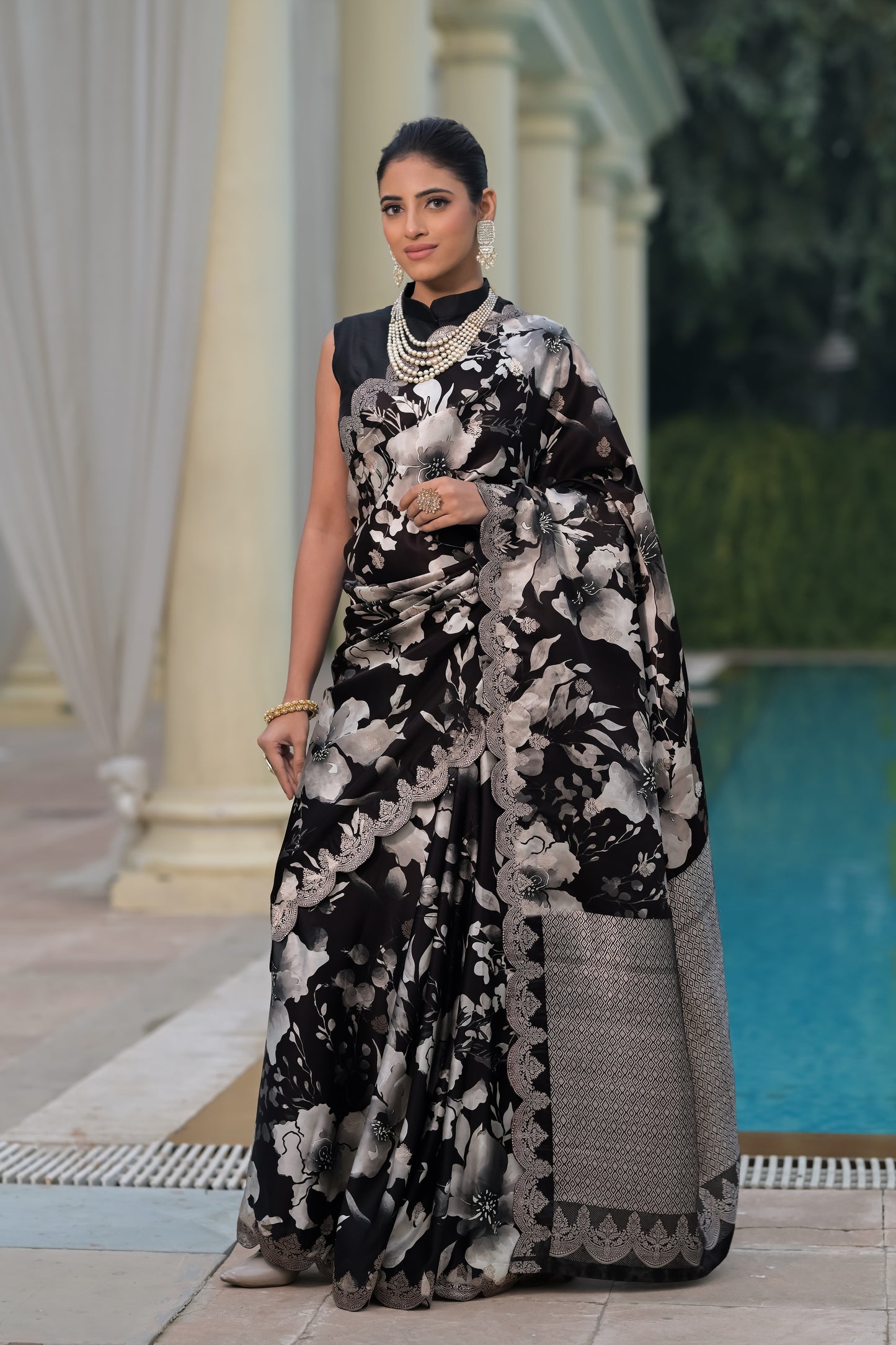 Black Satin Banarasi Saree