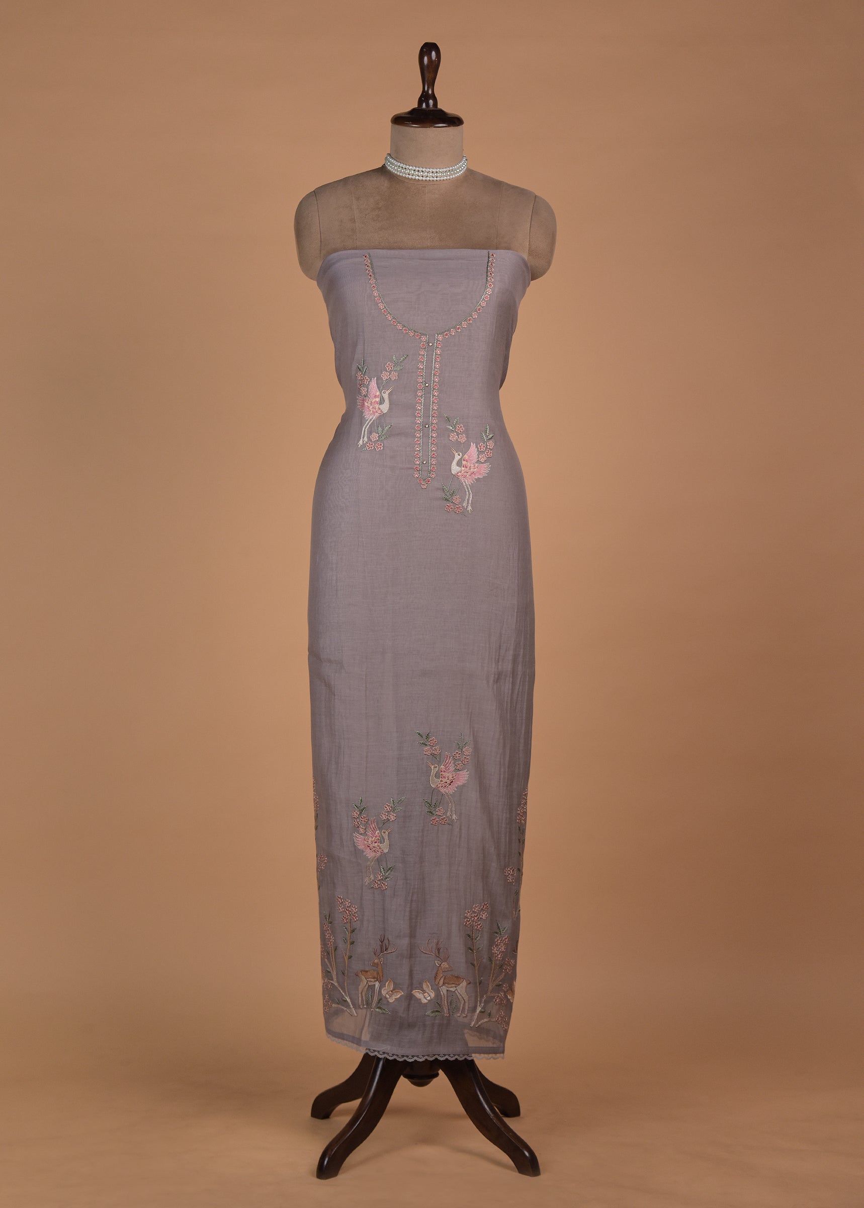 Grey Mul Chanderi Dress Material - Image 2 | Greenways Delhi