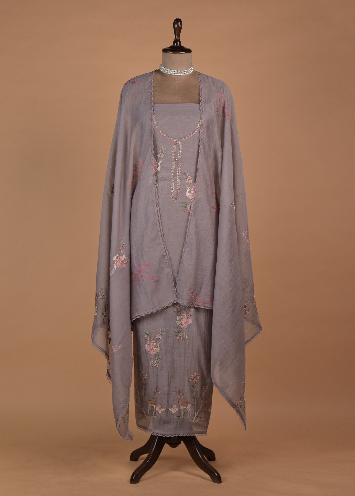 Grey Mul Chanderi Dress Material | Greenways Delhi