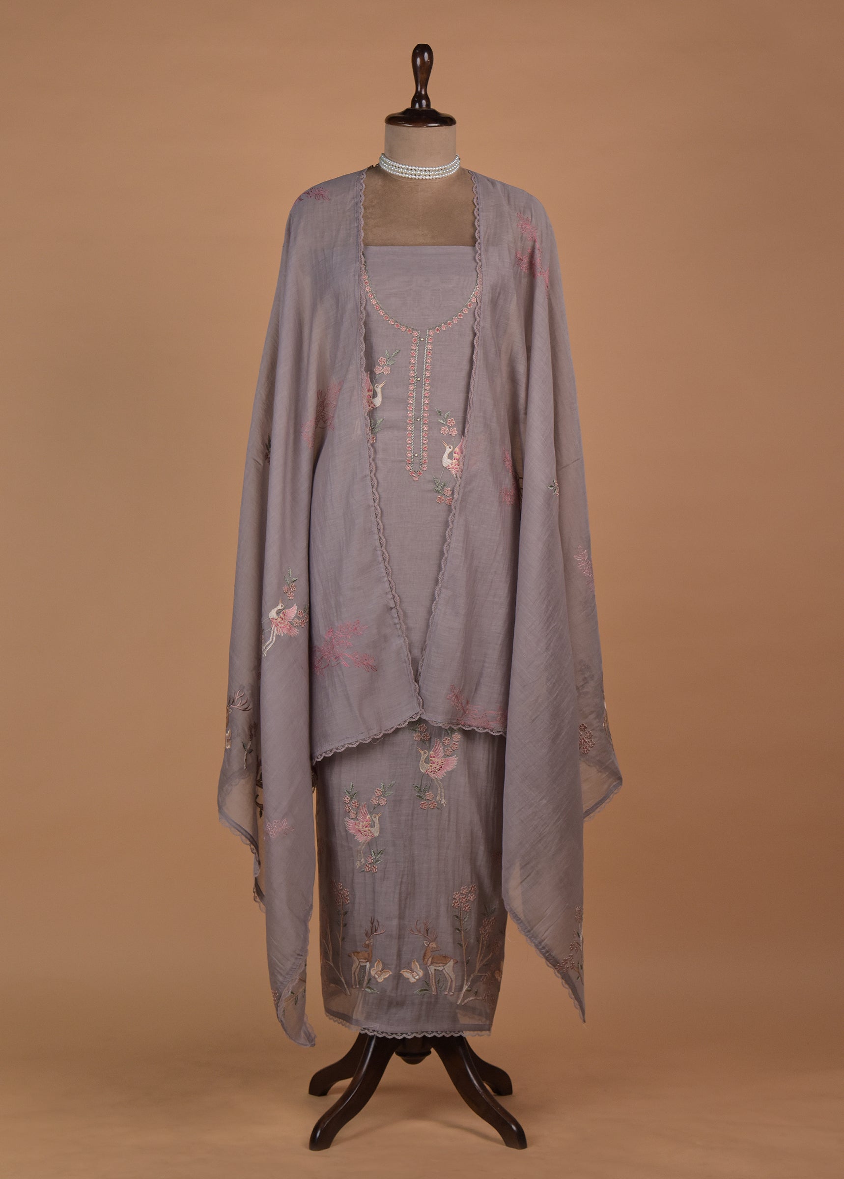 Grey Mul Chanderi Dress Material | Greenways Delhi