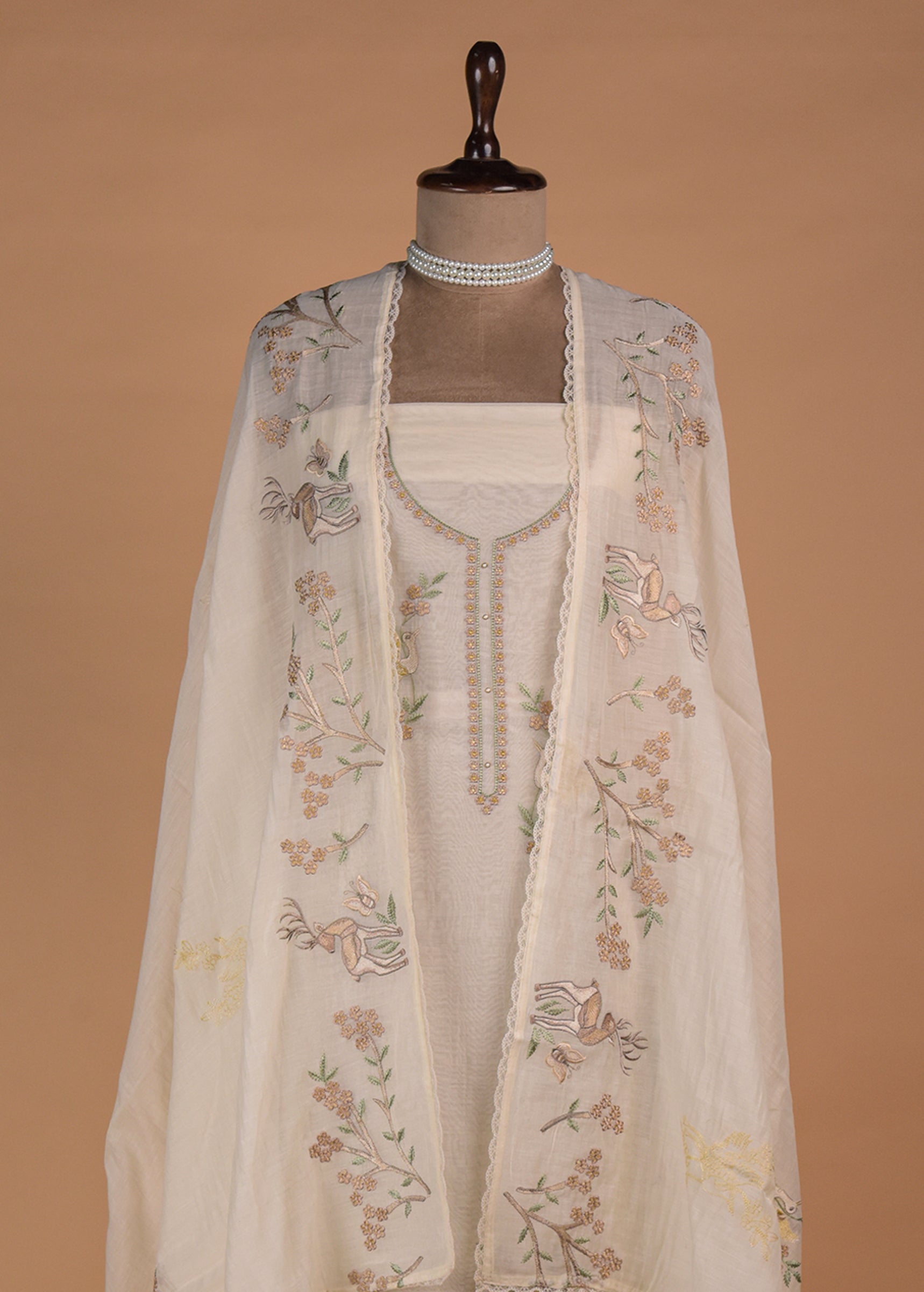 White Mul Chanderi Dress Material - Image 3 | Greenways Delhi