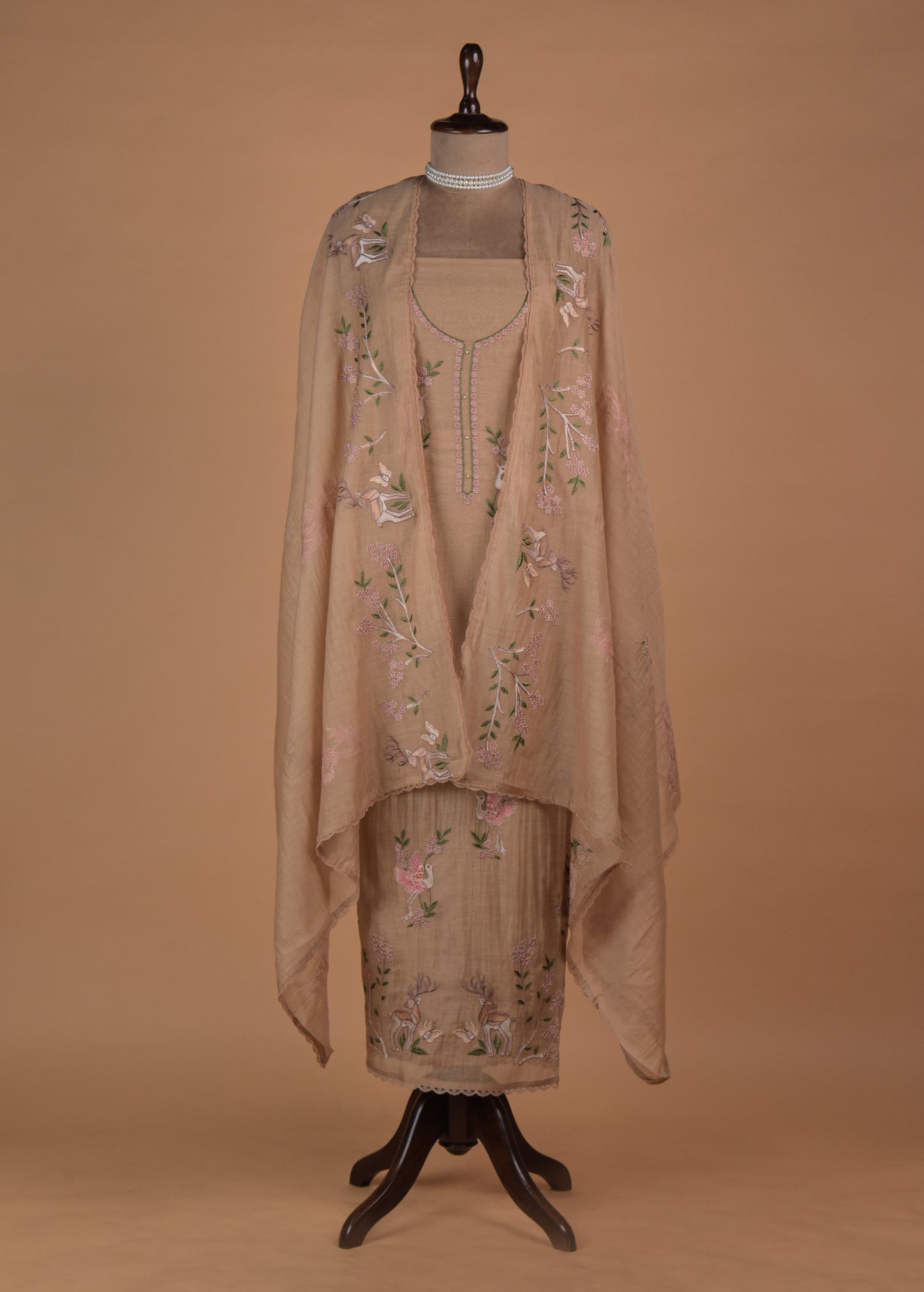 Beige Mul Chanderi Dress Material | Greenways Delhi