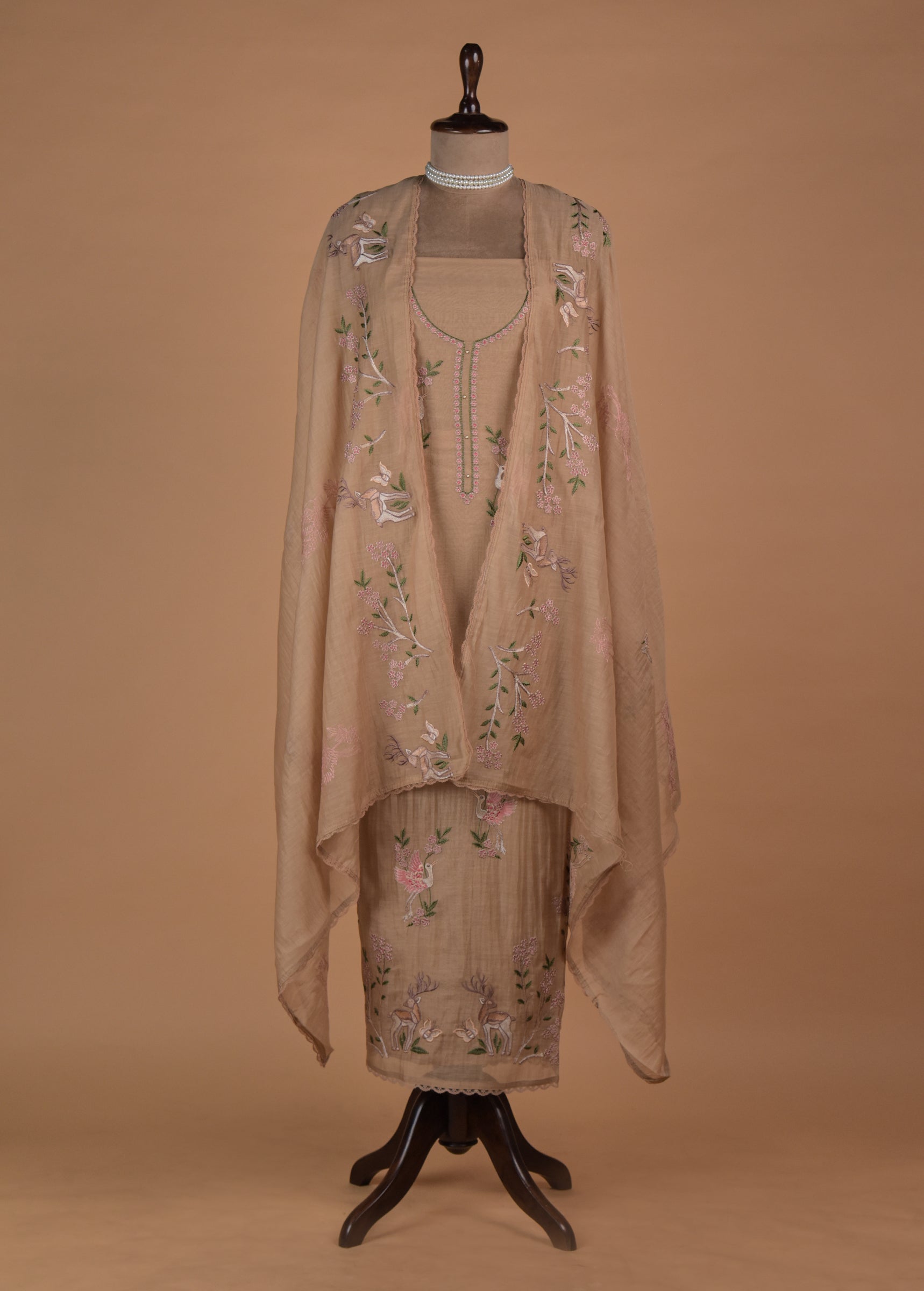 Beige Mul Chanderi Dress Material | Greenways Delhi