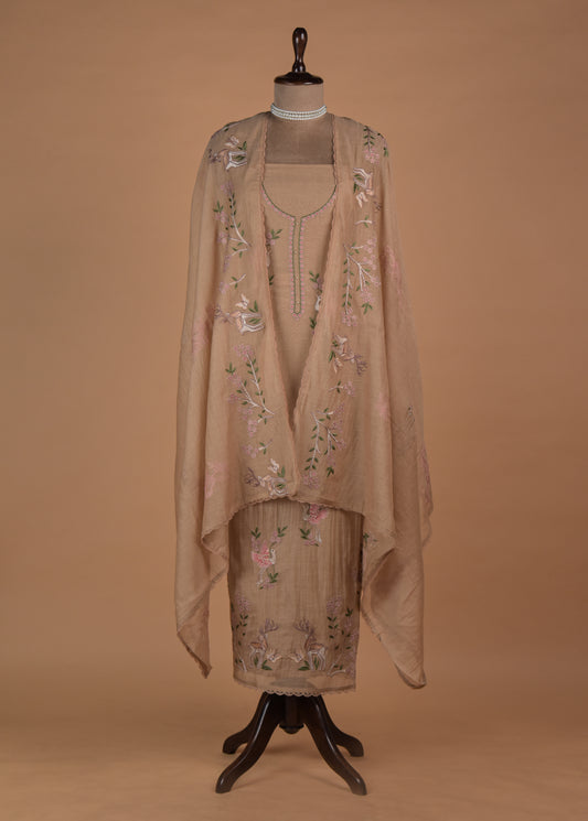 Beige Mul Chanderi Dress Material | Greenways Delhi