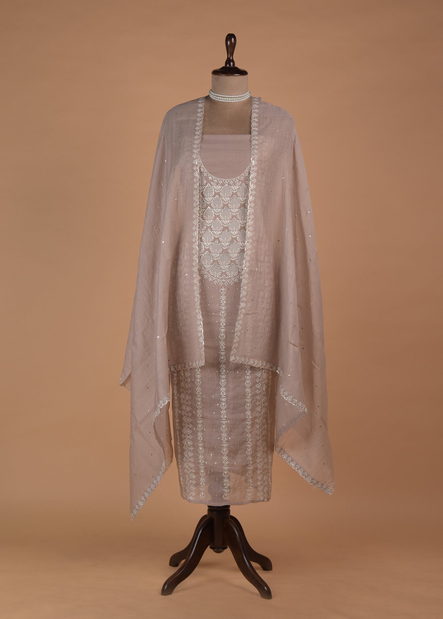 Beige Mul Chanderi Dress Material | Greenways Delhi